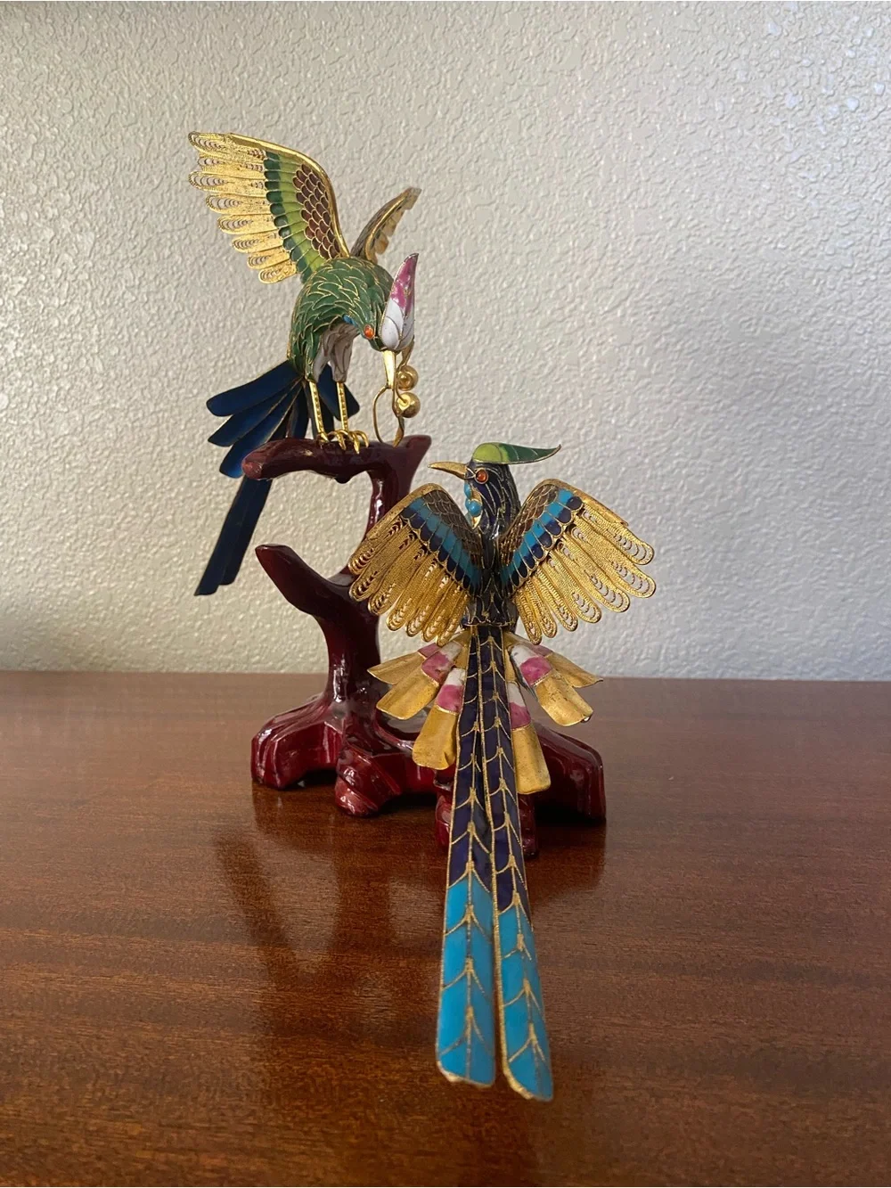 Vtg Cloissonne Multicolor W/ Gold Accent Filigree Birds Sculpture. Handcrafted